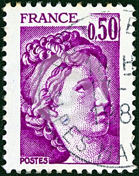 FRANCE - CIRCA 1977: A stamp printed in France shows Sabine from the `the kidnapping of the Sabines` painting