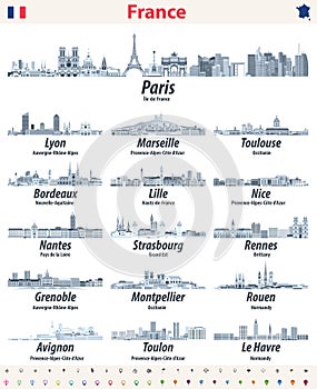 France cities skylines isolated icons in soft blue color palette. Navigation and location signs