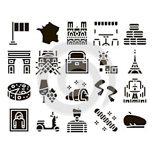 France Country Travel Glyph Set Vector