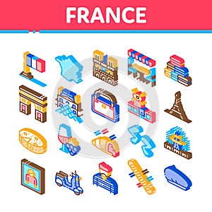 France Country Travel Isometric Icons Set Vector