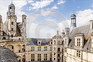 France. The courtyard of the castle of Chambord with a spiral staircase. UNESCO World Heritage List