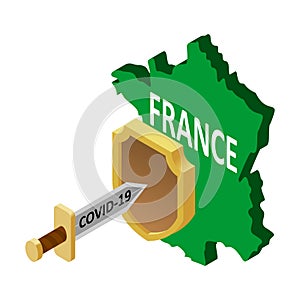 France defense against coronavirus COVID-19. A coronavirus in the form of a sword attacks the country of France, protected by a