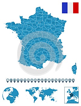 France - detailed blue country map with cities, regions, location on world map and globe. Infographic icons