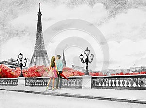 France, eiffel tower and couple young boys, woman