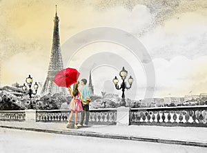 France, eiffel tower and couple young boys, woman