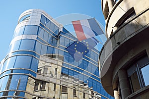 France And European Union Flags In Belgrade Downtown, Serbia