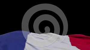 France fabric flag waving on the wind loop. French embroidery stiched cloth banner swaying on the breeze. Half-filled black