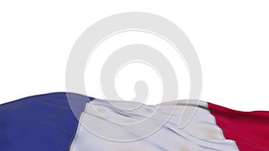 France fabric flag waving on the wind loop. French embroidery stiched cloth banner swaying on the breeze. Half-filled white