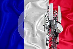 France flag, background with space for your logo - industrial 3D illustration. 5G smart mobile phone radio network antenna base