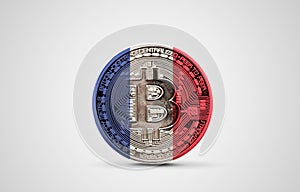 France flag on a bitcoin cryptocurrency coin. 3D Rendering