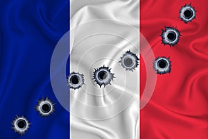 France flag Close-up shot on waving background texture with bullet holes. The concept of design solutions. 3d rendering