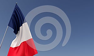 France flag on flagpole on blue background. Place for text. The flag is unfurling in wind. French, Paris. 3D illustration