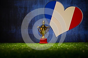 France flag, golden champion's cup on grass.Concept sport. photo