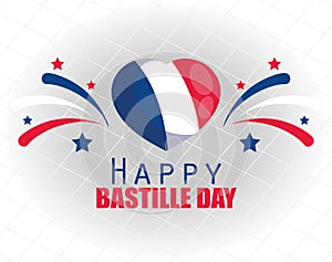 France flag heart with fireworks of happy bastille day vector design