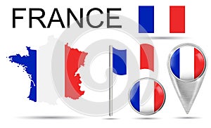 FRANCE. Flag, map pointer, button, waving flag, symbol, flat icon and map of France in the colors of the national flag. Vector