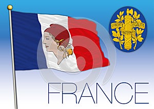Franch flag with Marianne portrait symbol and national coat of arms, France