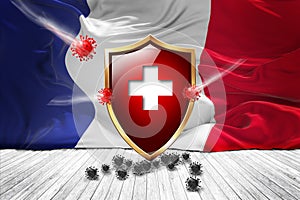 France flag with Metal Shiny red shield. virus protection, hygiene shield. virus Vaccine Protection aganst coronavirus, Health