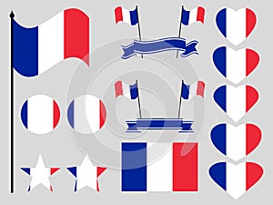 France flag set. Collection of symbols, flag in heart. Vector