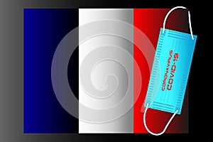France flag with vector illustration of disposable mask and Covid-19 inscription