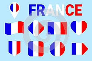 France flag vector set. Collection of French national flags. Flat isolated icons. Illustration with text French in traditional col
