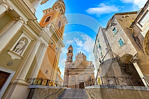 France, French Riviera, Menton Basilica Michael Archangel and old city streets in historic center