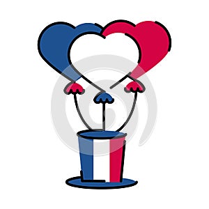 France heart balloons over hat line and fill style icon vector design