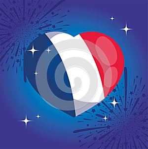 France heart with fireworks of happy bastille day vector design