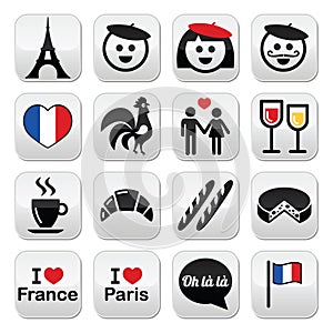 France, I love Paris icons set