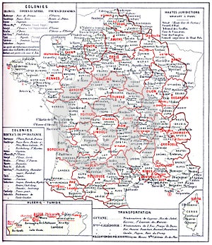 France judiciary map, vintage engraving