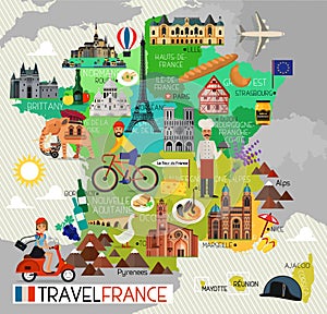 France Landmarks and Travel Map. France Travel Icons. Vector Illustration.