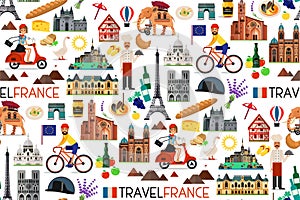 France Landmarks and Travel Map. Vector Illustration.