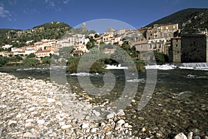 France, Languedoc-Roussillon, Herault, Roquebrun, River Orb, Hillside village