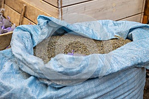 France Lavender flowers and sachets filled with dried lavender at market. Dried Lavender flowers