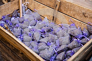 France Lavender flowers and sachets filled with dried lavender at market. Dried Lavender flowers