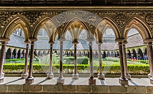 FRANCE LE MONT SAINT MICHEL 26 AUG: view of colums in cloister of the church on the top of hill of le mont saint michel on 26