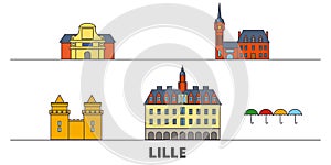 France, Lille flat landmarks vector illustration. France, Lille line city with famous travel sights, skyline, design.