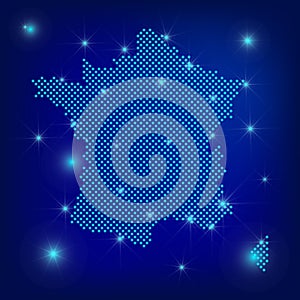 France map in blue. Dotted map. Dots  France map with spotlights on dark blue background.  Global social network.  Blue futuristic