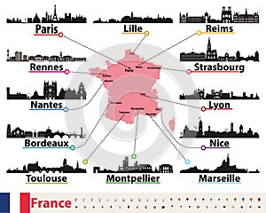 France map with largest cities skylines silhouettes vector set