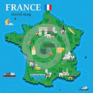 France map for traveler with local tourist attractions vector design flat style