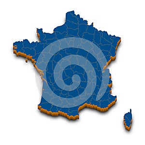 France map vector. High detailed administrative 3D map of France with dropped shadow. Vector blue isometric silhouette with admini