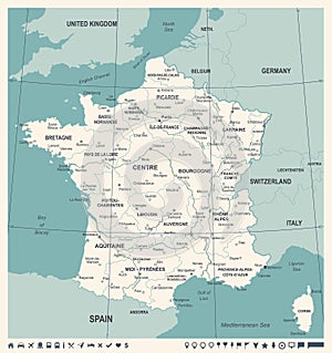 France Map - Vintage Vector Illustration