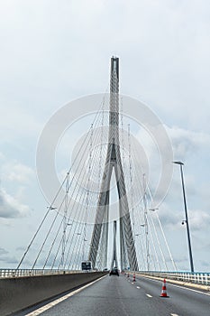 06-07-2022-France-Normandy Bridge or Pont de Normandie over Seine river delta view in France near Honfleur