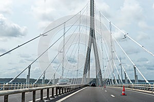 06-07-2022-France-Normandy Bridge or Pont de Normandie over Seine river delta view in France near Honfleur