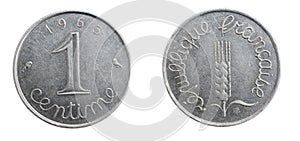 France one centime coin on a white isolated background