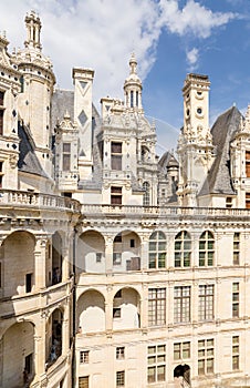 France. One of the facades of the keep, overlooking the courtyard of the castle of Chambord, 1519 - 1547 years. List of UNESCO.