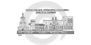 France,Papal-Palace, Episcopal Ensemble-Avignon Bridge city skyline isolated vector illustration, icons