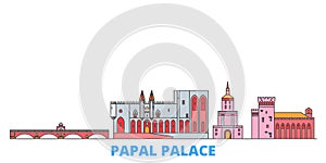 France,Papal Palace, Episcopal Ensemble Avignon Bridge line cityscape, flat vector. Travel city landmark, oultine