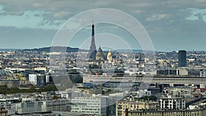 France, Paris aerial view, drone shot, aerial view flying above buildings.