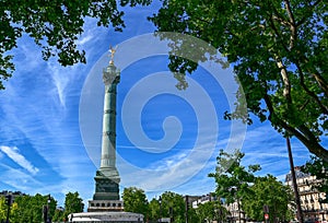 France, Paris, June 2022. Place de la Bastille, highlighted the column of Juillet, in memory of the revolution of 1830. The golden