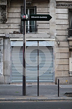 2015-06-03, France, Paris, street sign for the famous Roland Garros tennis tournament, one of the Grand slam series